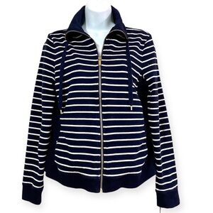 Lauren Ralph Lauren Navy White Stripe Full Zip Cotton Sweater PM Nautical Preppy